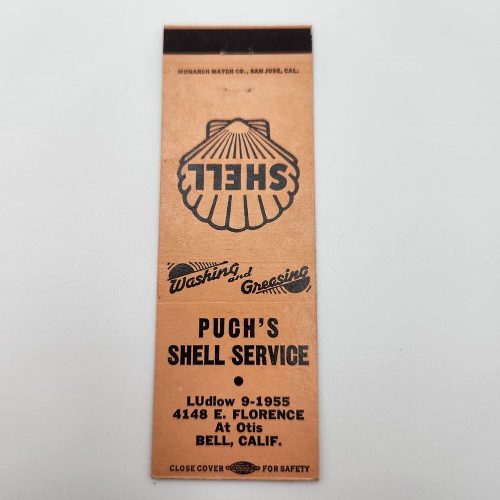 Vintage Matchbook Puch's Shell Service Bell California 1940s 50s